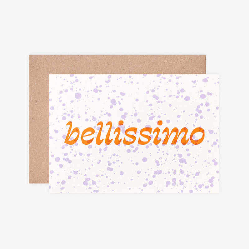Greeting card with 'bellissimo' text and purple dots on a white background